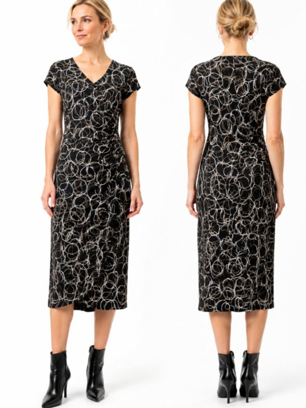 Joseph Ribkoff Black White Circle Print Ruched Faux Wrap Dress Size 10